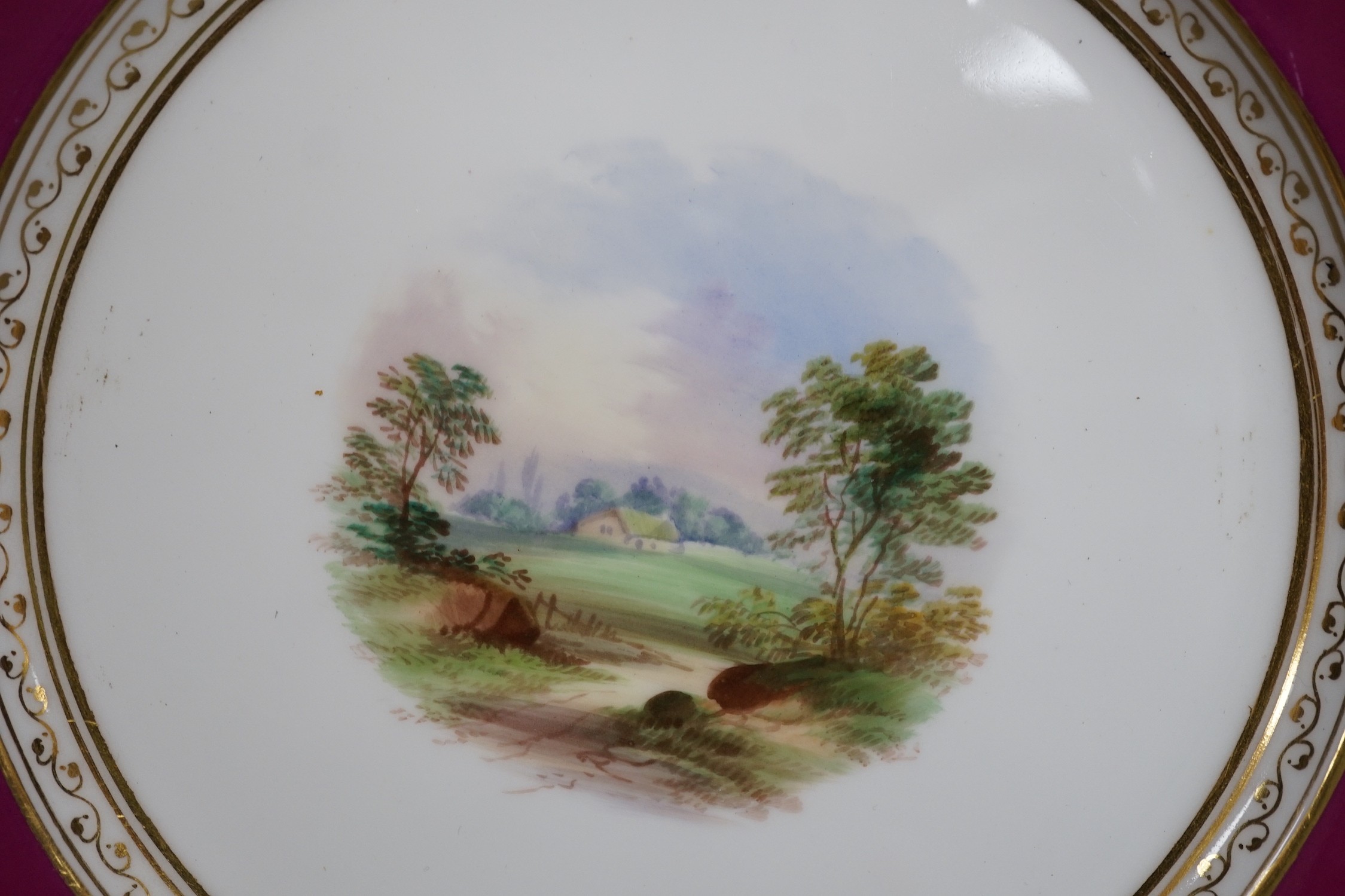 A 19th century Davenport cerise ground dessert set, (15)
